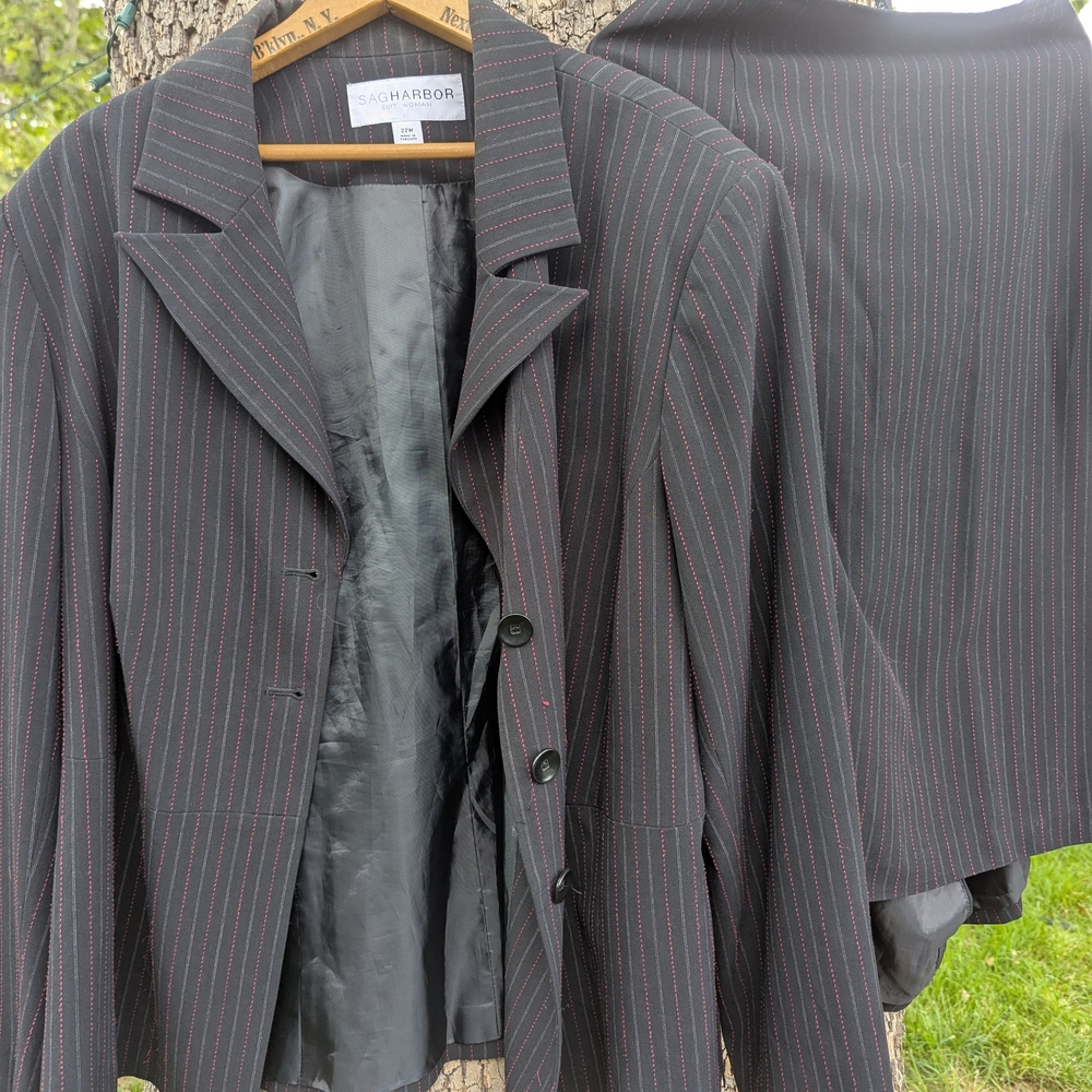 Sag Harbor Black Blazer and Skirt with Red and White Pinstripes